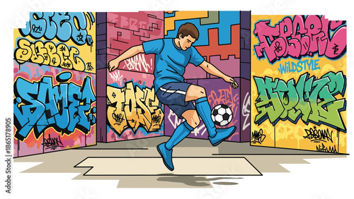 Freestyle street soccer mural vector illustration with bold flat colors and graffiti city background, dynamic football artwork created for advertising, branding, and youth culture design