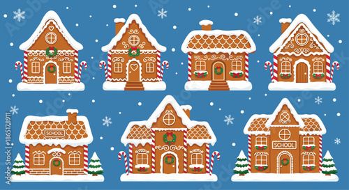 A festive winter scene with a collection of charming gingerbread houses decorated with icing and candy, set against a blue snowy sky.