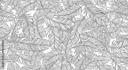A dense and chaotic seamless pattern of overlapping tropical leaves in a detailed black and white grunge or distressed line art style.