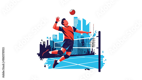 Volleyball spike urban mural vector illustration with bold flat colors and graffiti city background, energetic street sports artwork created for advertising and modern branding use