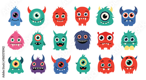 A fun and colorful collection of cute and friendly cartoon monsters with various funny faces, horns, and googly eyes for kids.