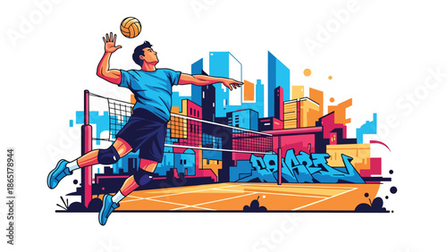 Volleyball spike urban mural vector illustration with bold flat colors and graffiti city background, energetic street sports artwork created for advertising and modern branding use