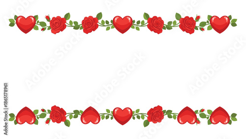 Elegant decorative borders featuring a charming repetition of red hearts and blooming roses, perfect for romantic designs or invitations.