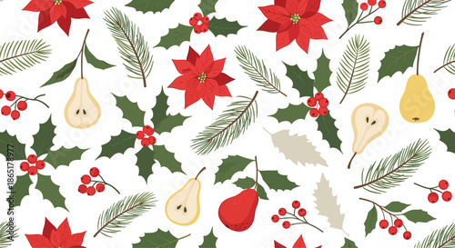 A festive and seamless Christmas pattern with poinsettia flowers, holly, berries, pears, and pine branches on a white background.
