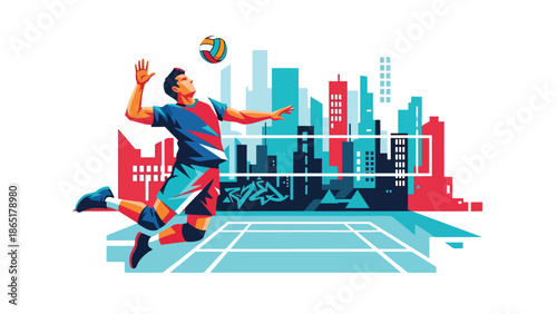 Volleyball spike urban mural vector illustration with bold flat colors and graffiti city background, energetic street sports artwork created for advertising and modern branding use