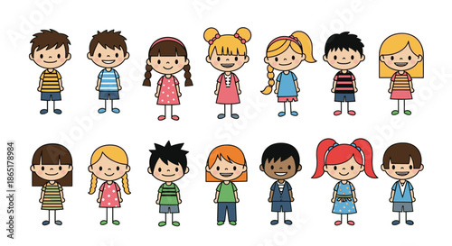 A diverse group of fourteen cute cartoon children with big heads and simple bodies, standing together in two rows of characters.