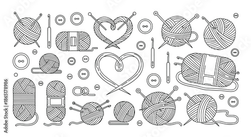 A large set of yarn balls and knitting supplies in a clean black and white outline style, perfect for coloring or craft icons.