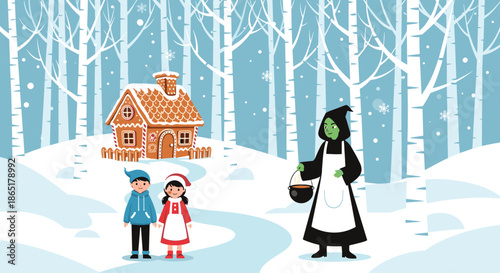 A classic fairytale scene illustrating Hansel and Gretel meeting an old witch in a snowy forest with a gingerbread house vector.