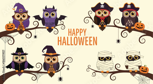 Happy Halloween greeting card with cute cartoon owls in costumes like witch, vampire, mummy, and pirate on branches.