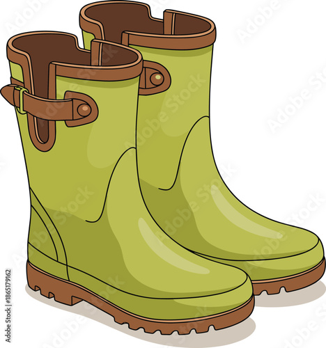 Pair of green rubber boots with brown accents and buckles standing upright green boots
