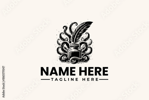 Black and white illustration of a decorative logo with a quill pen and inkwell on a beige background, featuring placeholder text for a business name and tagline.