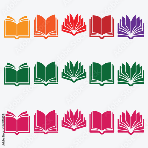 Colorful collection of open book icons representing education, knowledge, and learning