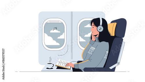 Young woman wearing headphones, thoughtfully gazing out an airplane window while working on her laptop during a flight.