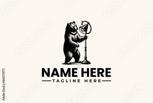 A black bear standing next to a microphone on a stand with a logo and tagline text on a clean white background, illustration style.