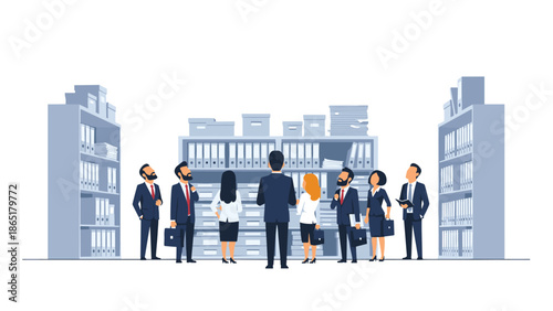 Group of business people gathered in a spacious office or archive, surrounded by shelves brimming with documents and files.