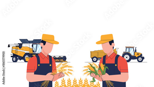 Two proud farmers holding bountiful wheat and corn crops, with farm machinery like combines and tractors in the background.