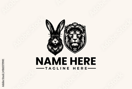 A black and white illustration of a rabbit and lion head logo with a customizable name and tagline on a plain beige background.