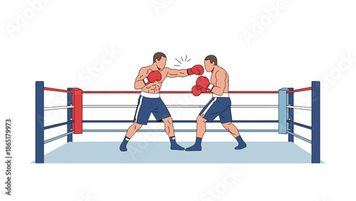 Two powerful boxers actively exchanging punches in a vibrant boxing ring, demonstrating the intensity and skill of the sport.