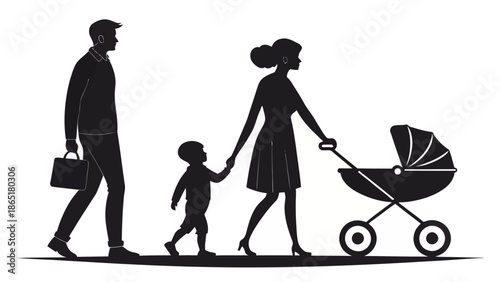 Happy family with baby stroller walking together outdoors