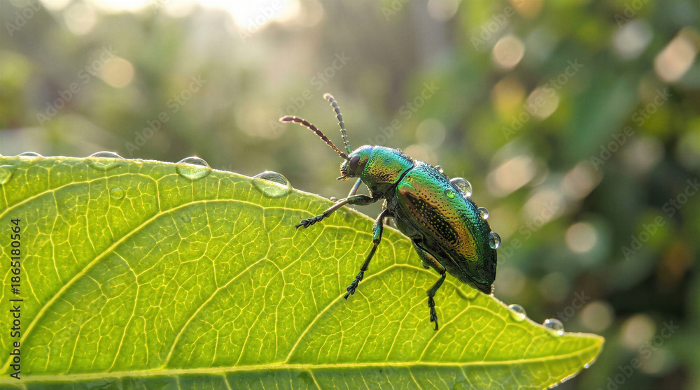Naklejka premium A beetle with a shiny, iridescent green and gold shell on a bright green leaf of a plant. Droplets of dew are visible on the leaf and on the beetle itself, sparkling in the light.