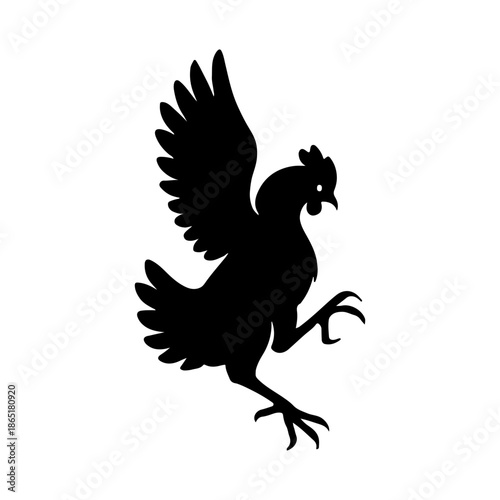Silhouette of a Chicken Spreading Wings, Flying Motion, Black Graphic on White Background