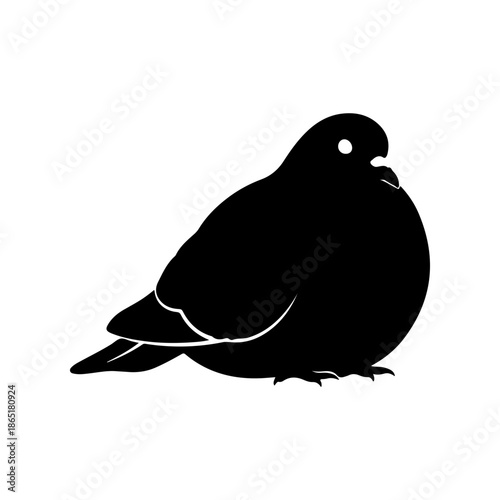Black Silhouette of a Plump Pigeon Bird Sitting Isolated on White Background