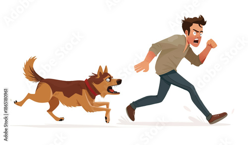 man running away from angry dog vector illustration on white background, cartoon style, simple shapes, flat design, clipart, no shadows_traced