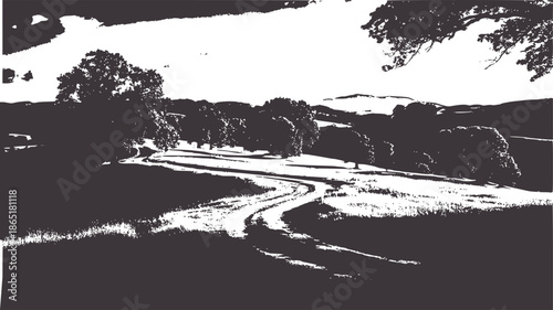 Monochrome line of winding river through rolling countryside