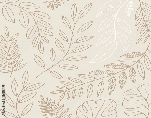 Elegant minimalist seamless pattern with hand-drawn leaf branches in soft beige tones. Botanical line art background perfect for wallpaper, textile, packaging, branding, invitations, modern Background