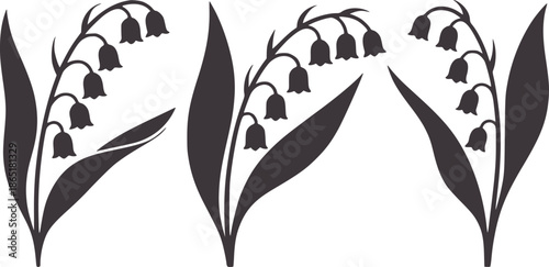 Three lily of the valley stems black minimalist silhouette