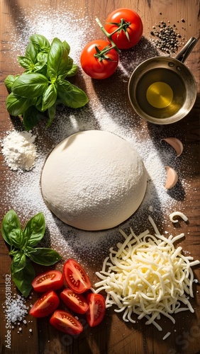 Raw Pizza Dough Ball with Fresh Ingredients and Flour Dusting on Dark Rustic Wooden Background Professional Food Styling
