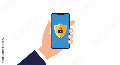Hand holding a smartphone with a security shield and lock icon on the screen, representing mobile data protection.