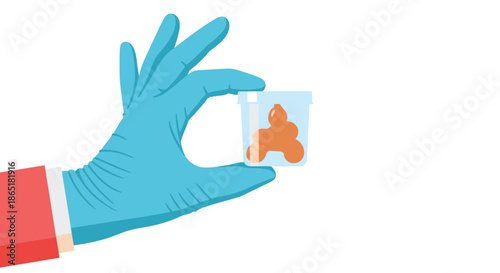 Doctor or lab technician's gloved hand holding a plastic container with a stool sample for medical analysis and testing.
