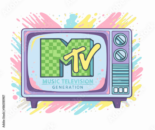 MTV logo style TV and checkerboard pattern, grunge pop vectorg ,svg..generative ai