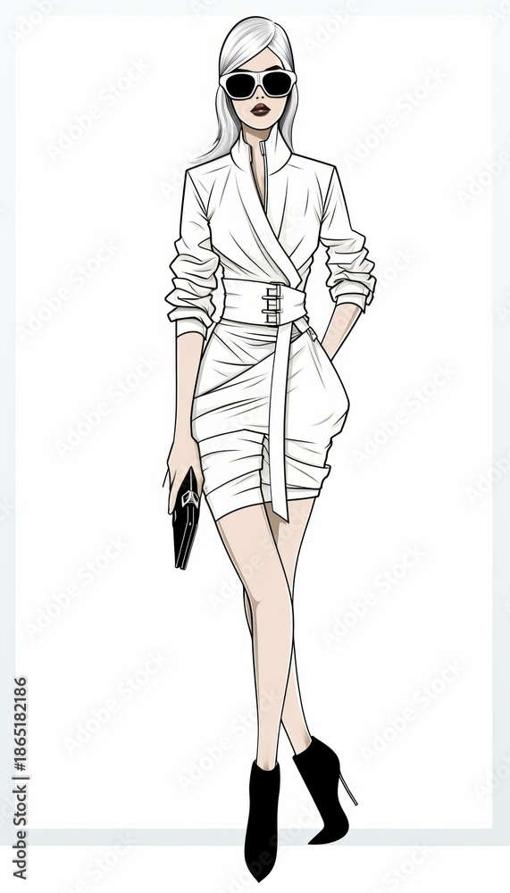 Fototapeta premium Fashion illustration of a stylish woman in a sleek white dress and glamorous accessories with confidence and elegance