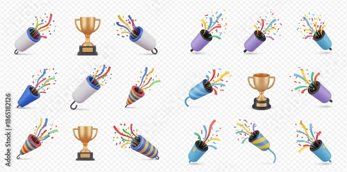 Collection of festive party poppers with colorful confetti and golden winner trophies for celebration events.