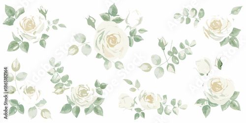 Watercolor arrangement of cream and pale green roses with delicate foliage