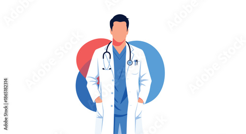 Faceless portrait of a confident male doctor in a white coat with a stethoscope, representing the medical profession.