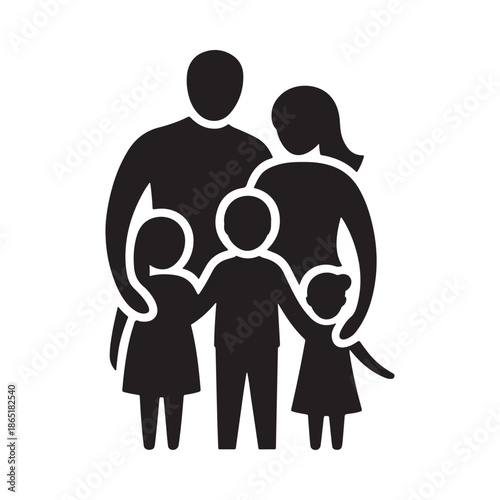 A simple black silhouette of a family with two parents and three children