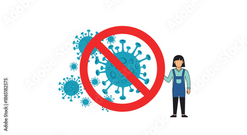 Person holding a large red stop sign to block coronavirus particles, illustrating virus prevention and public health.