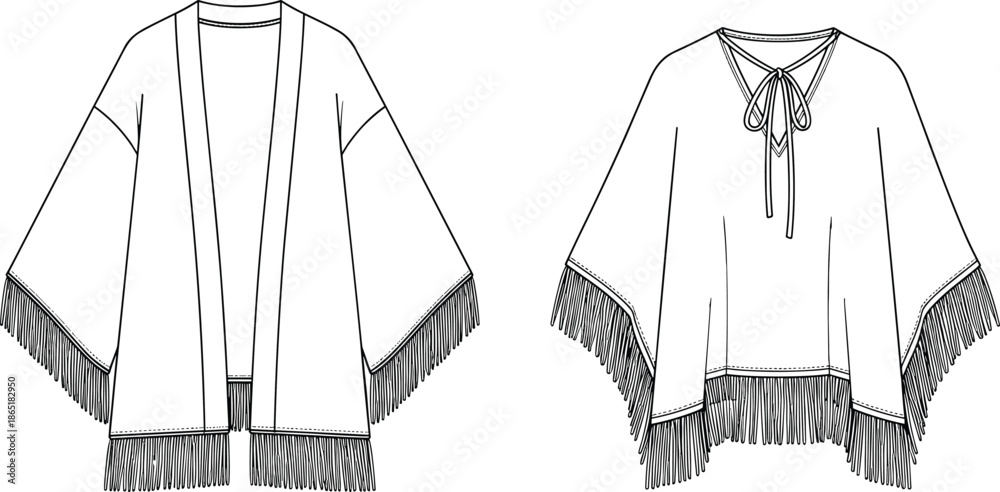 Φωτογραφία Women's open-front kimono jacket and tie-neck poncho with wide sleeves and fringe detail technical flat fashion illustration vector CAD