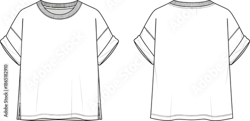 Women's cropped boxy t-shirt technical fashion illustration, oversized fit, rib knit collar, turn-up cuffed sleeves, side slits, casual wear.