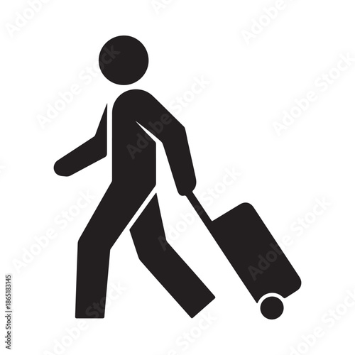 A simple black silhouette of a person walking with a rolling suitcase
