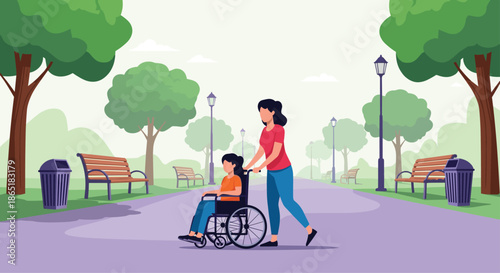 Caring mother or caregiver pushing a happy child in a wheelchair through a beautiful and accessible city park in the summertime.