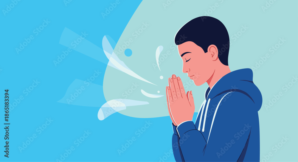 Fototapeta premium Young man with hands together in a prayer-like pose, practicing deep breathing exercises for mindfulness, relaxation, and calm.