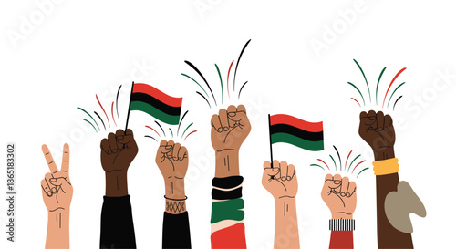 Diverse group of raised hands and fists celebrating Juneteenth or Black History Month with Pan-African flags and fireworks.