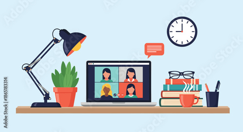 Desktop setup for an online video call with four women on a laptop screen, part of a remote work or e-learning environment.