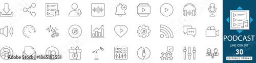 Podcast line icon set featuring audio streaming, microphone, and broadcasting symbols. Perfect for music apps, recording studio UI, and digital content branding. Editable.