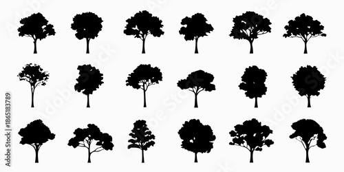 A collection of diverse black silhouette trees arranged in a grid pattern