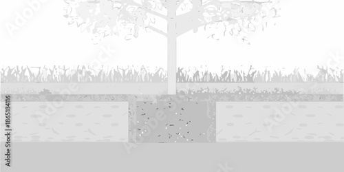 A simple grayscale illustration featuring a tree grass and layered ground